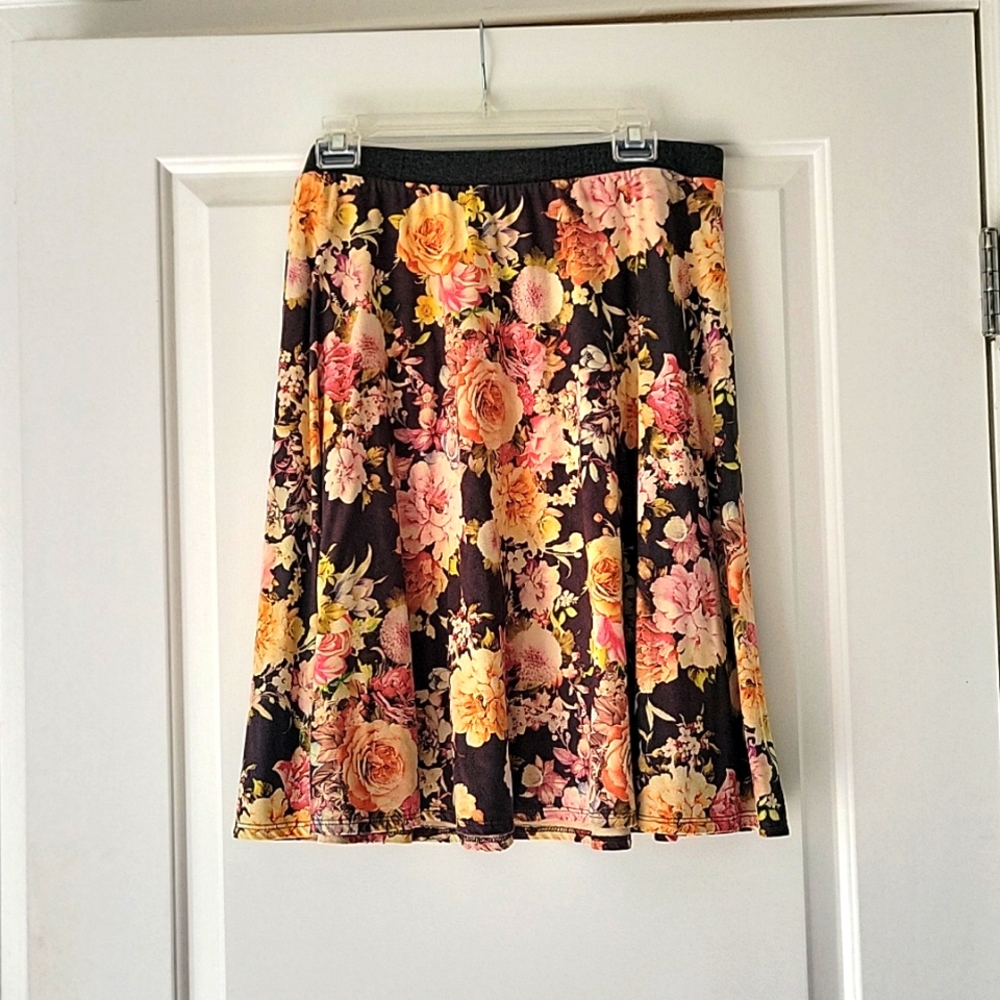 Midi Skirt Floral Faux Suede Swing Skirt 1X